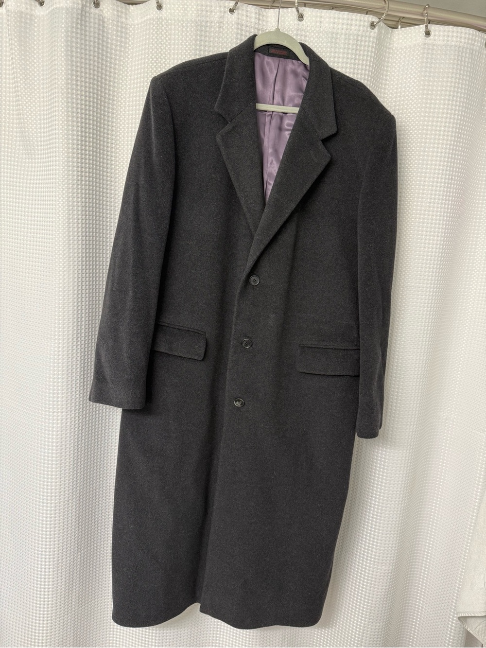 Stafford Charcoal Single-Breasted Wool Pea Coat with Purple Lining